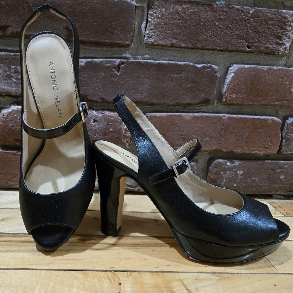 Antonio Melani CLASSY-- Leather & Patent Leather Platform /Heels/ Peep Toe  NEW